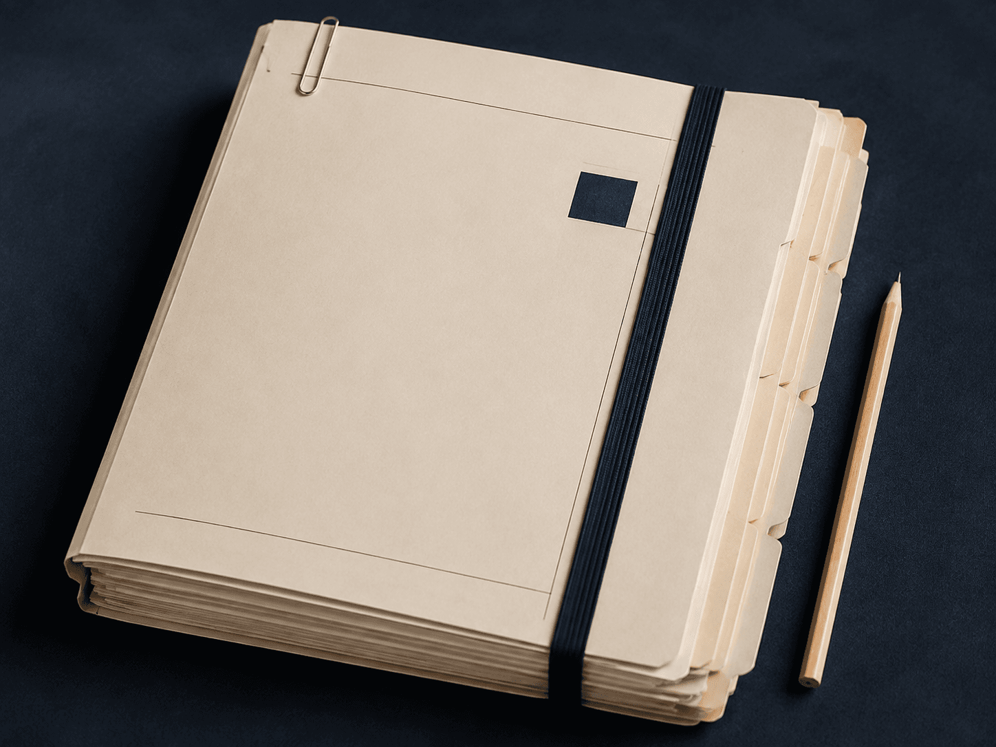 A meticulously organized cream medical dossier on a navy desk